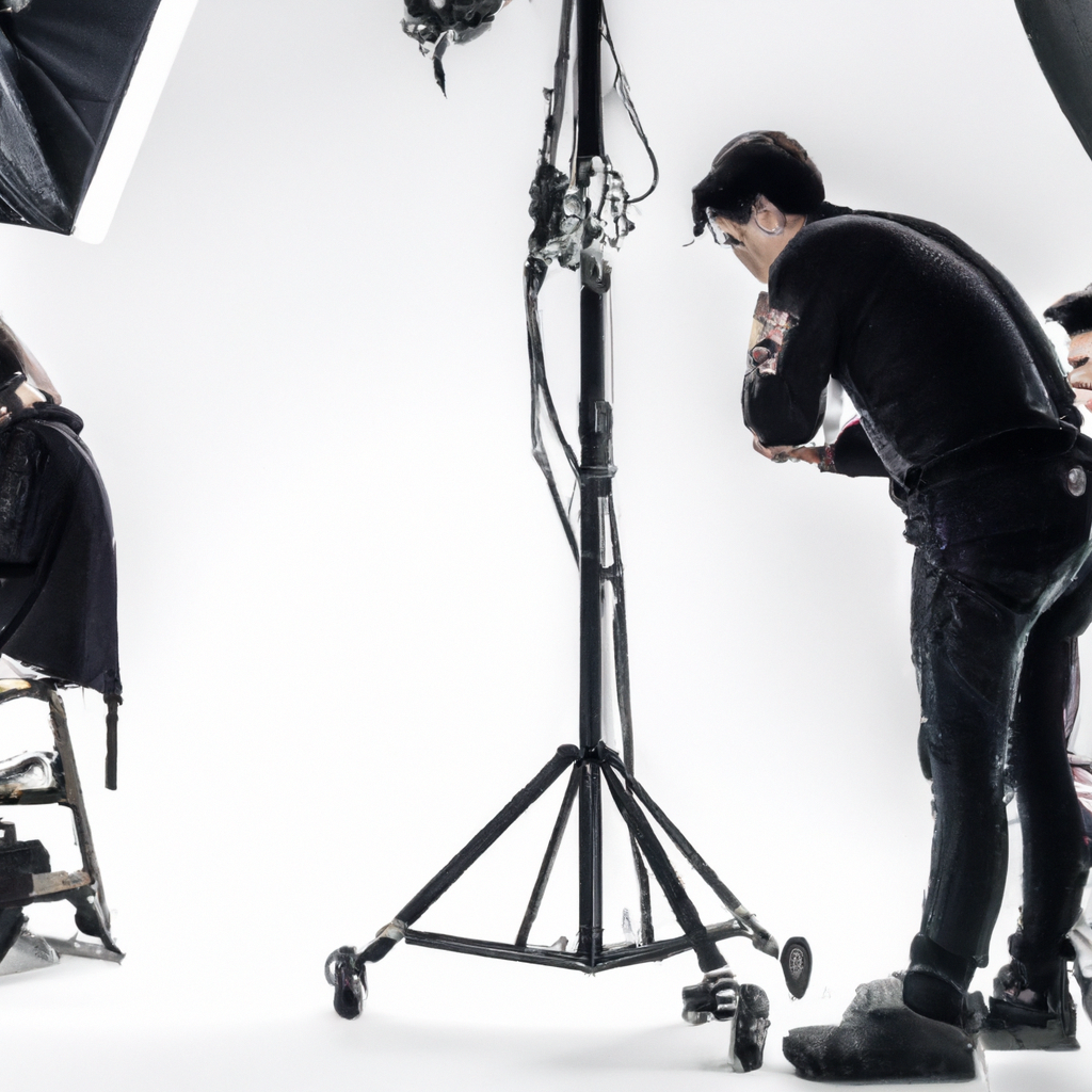 Fotógrafo trabajando con luces en estudio, simulación de iluminación